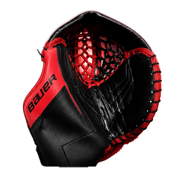 Custom black and red Bauer goalie catch glove with red skate lace pocket